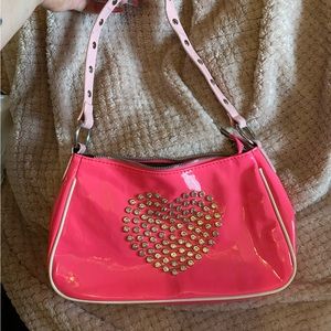Pink heart rhinestone vinyl shoulder bag purse